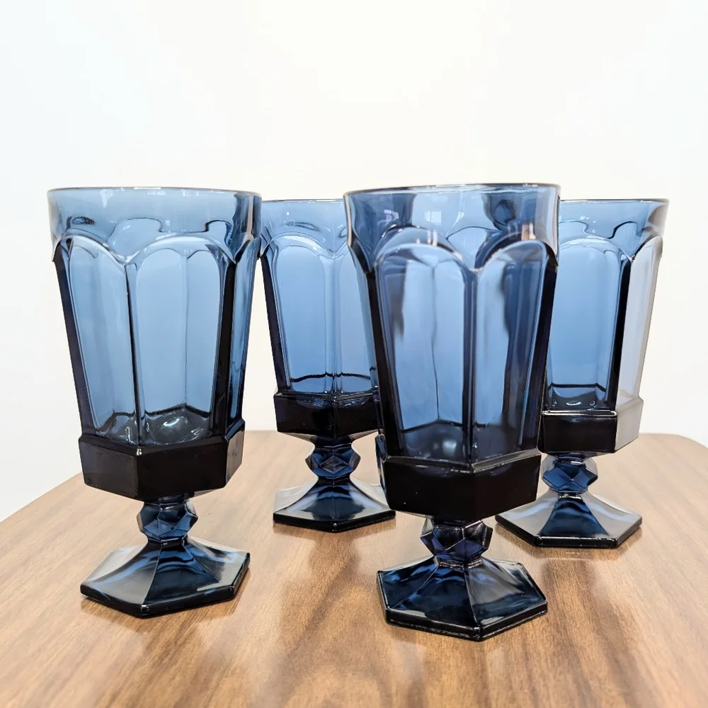 Set Of 4 Vintage 80s Dark Blue Virginia Pattern By Fostoria Ice Tea Glasses